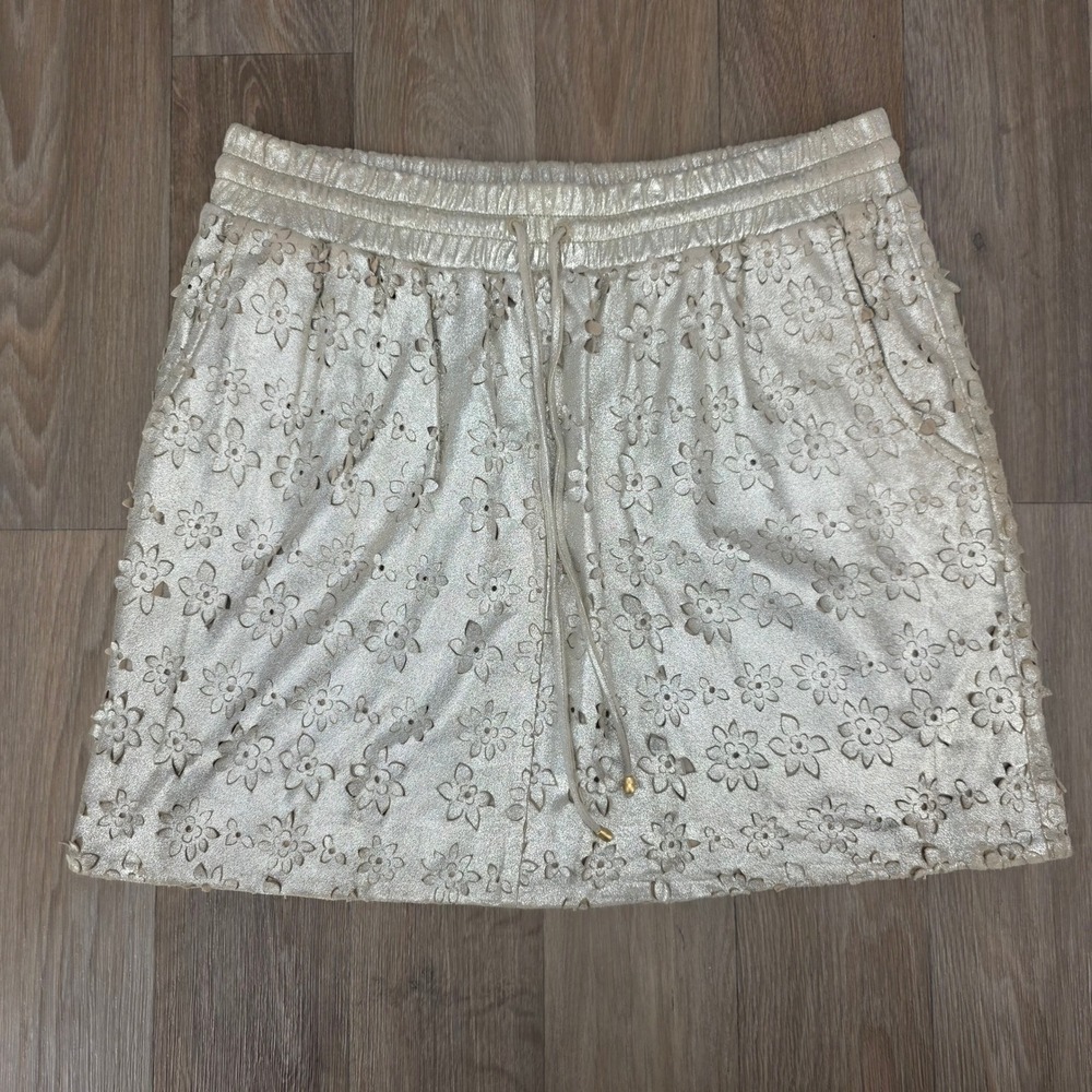 Leifsdottir Anthropologie Metallic Gold Leather Floral Eyelet Mini Skirt Size 2